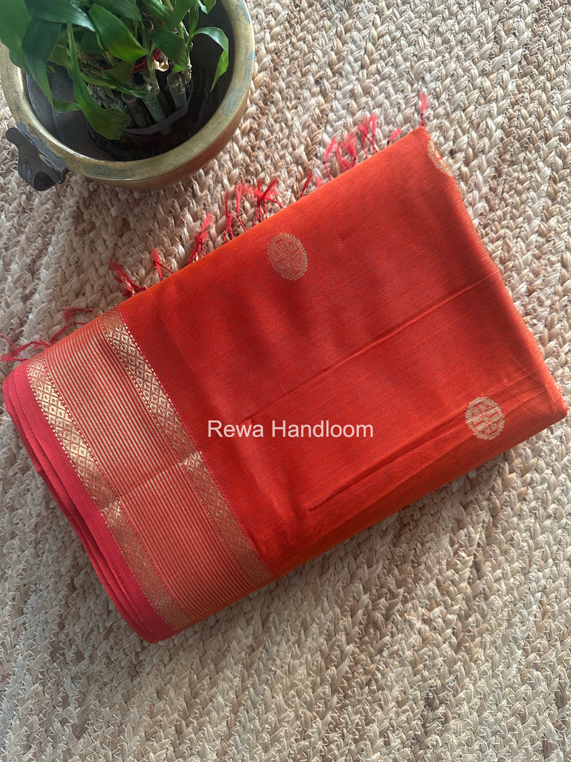 Orange Coin Butta Pallu Zari Border Saree ~ Maheshwari Saree SBS-021