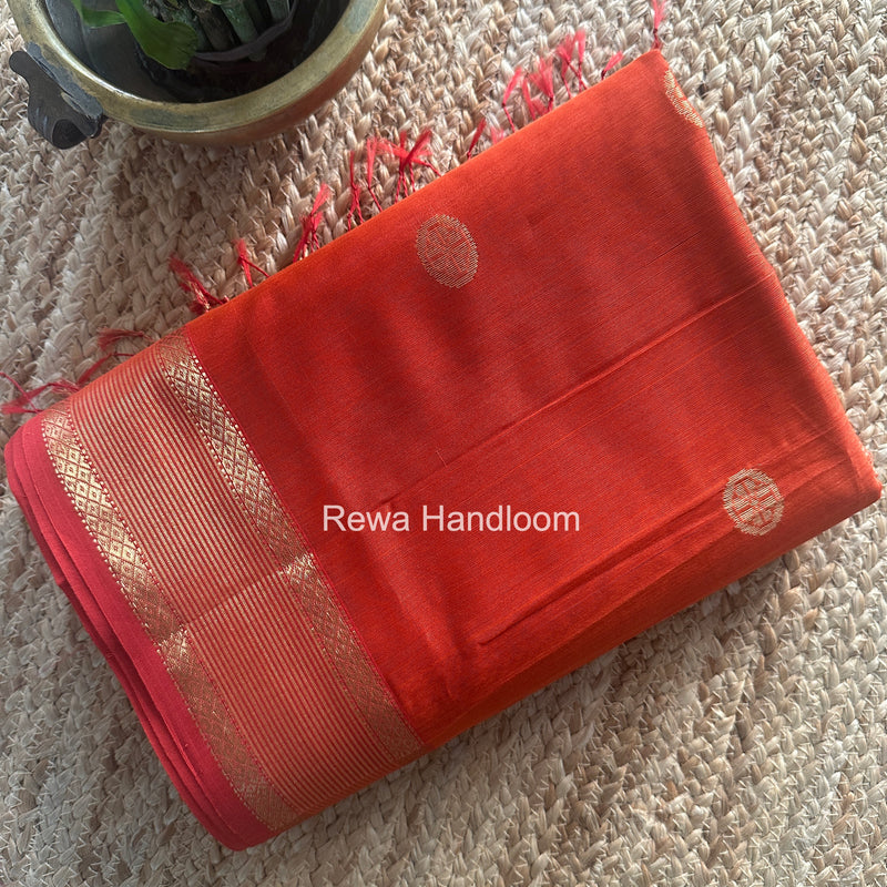 Orange Coin Butta Pallu Zari Border Saree ~ Maheshwari Saree SBS-021