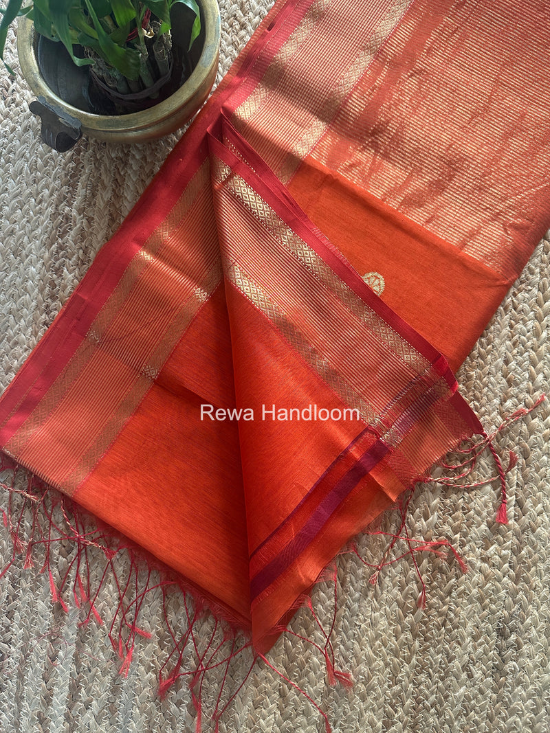 Orange Coin Butta Pallu Zari Border Saree ~ Maheshwari Saree SBS-021