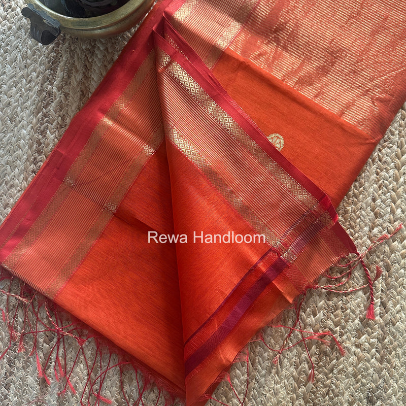 Orange Coin Butta Pallu Zari Border Saree ~ Maheshwari Saree SBS-021