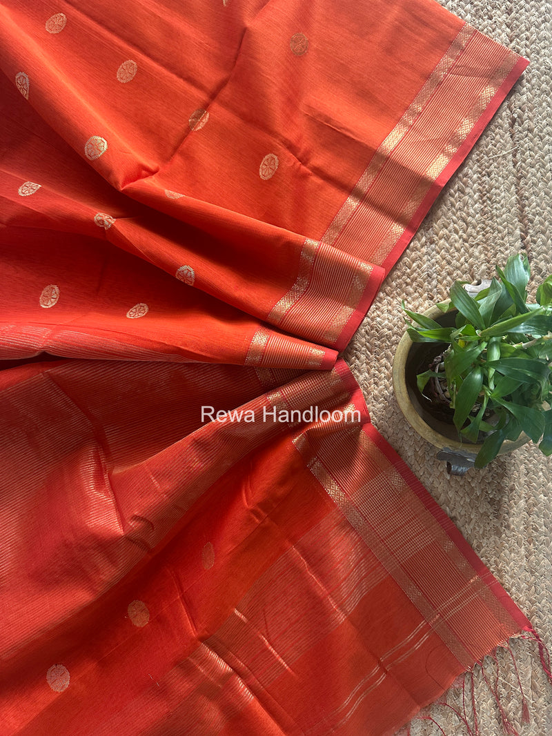 Orange Coin Butta Pallu Zari Border Saree ~ Maheshwari Saree SBS-021