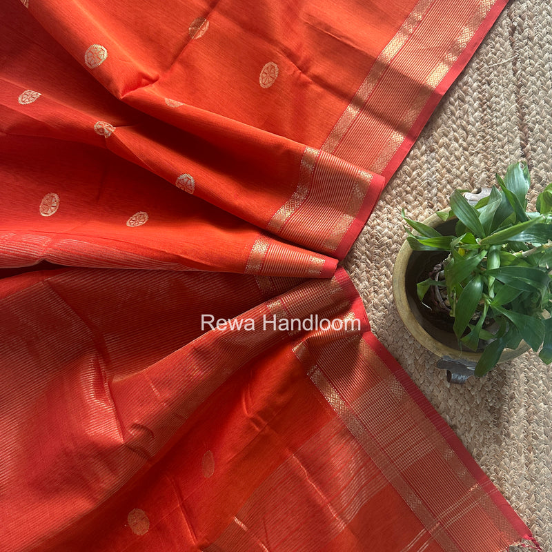 Orange Coin Butta Pallu Zari Border Saree ~ Maheshwari Saree SBS-021