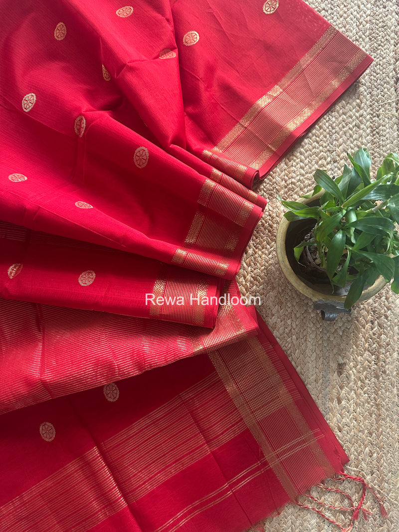 Red Coin Butta Pallu Zari Border Saree ~ Maheshwari Saree SBS-020