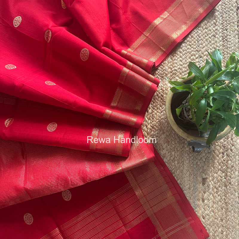 Red Coin Butta Pallu Zari Border Saree ~ Maheshwari Saree SBS-020