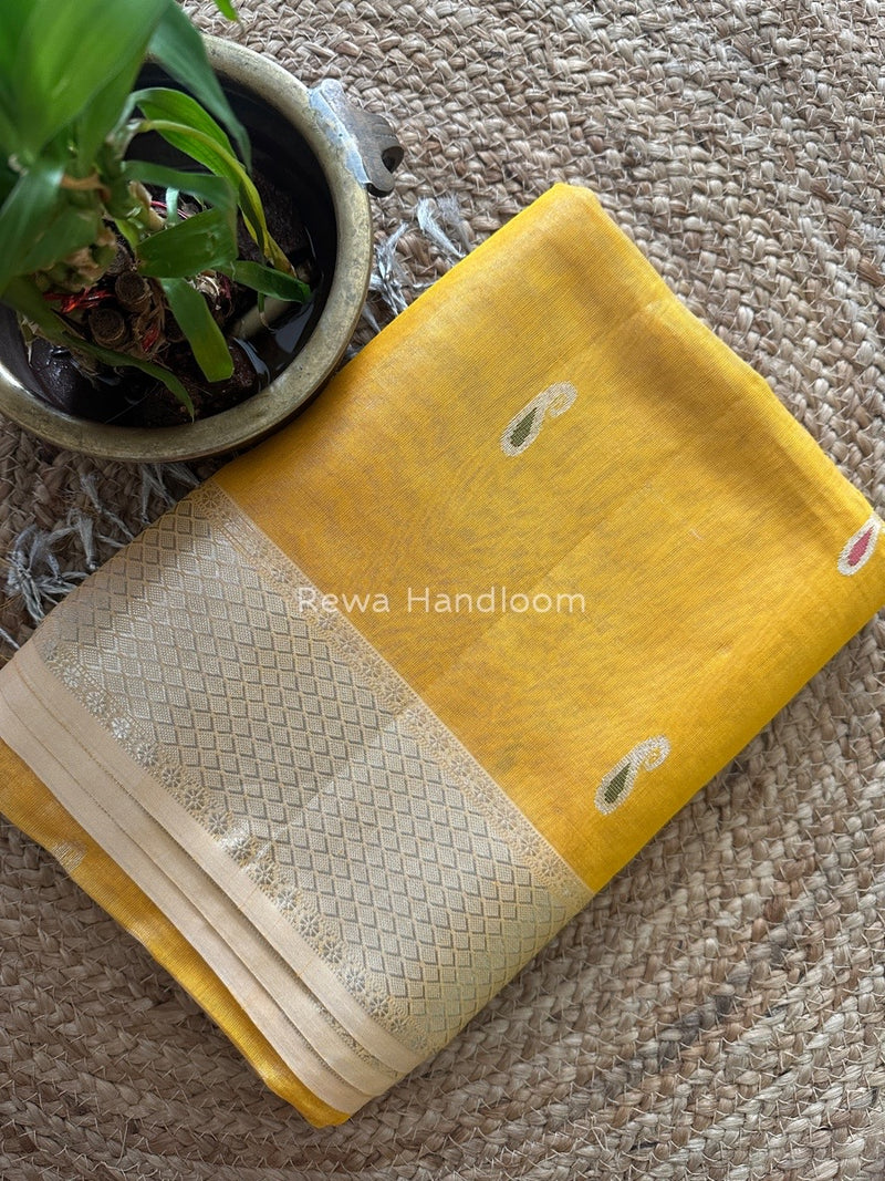 Maheshwari Golden Yellow Silver Tissue Meena Butti Saree SMB005
