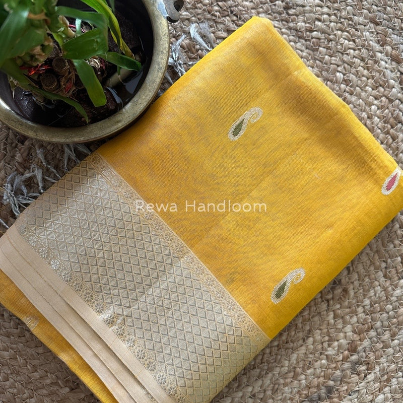 Maheshwari Golden Yellow Silver Tissue Meena Butti Saree SMB005