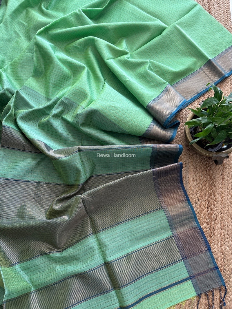 Maheshwari Dark Mint Green Zari Checks Saree ZCHX335