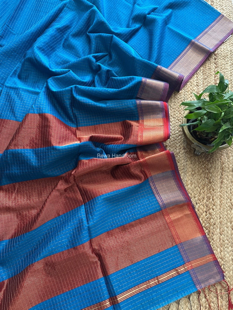 Maheshwari Blue Zari Checks Saree ZCHX337