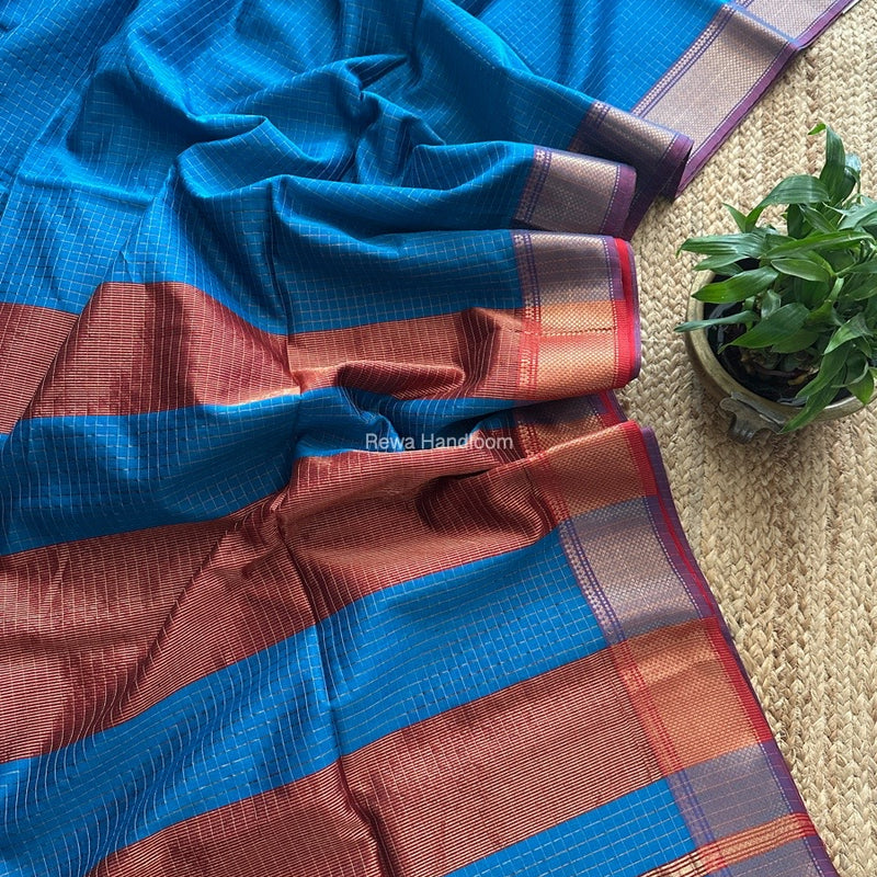 Maheshwari Blue Zari Checks Saree ZCHX337