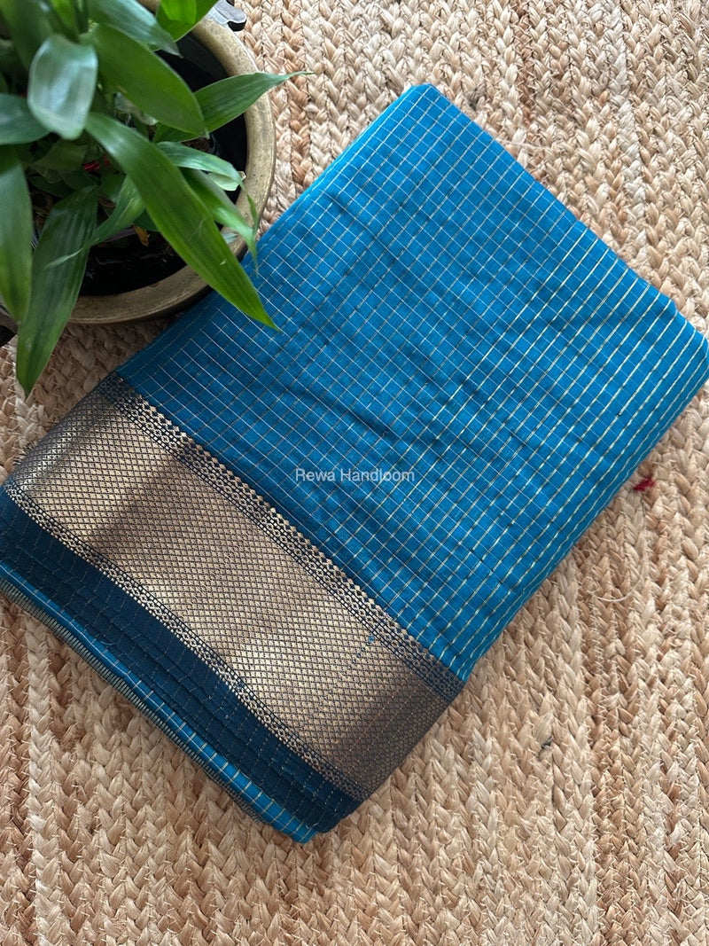 Maheshwari Ink Blue Zari Checks Saree ZCHX342