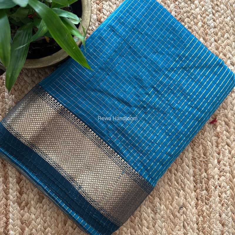 Maheshwari Ink Blue Zari Checks Saree ZCHX342