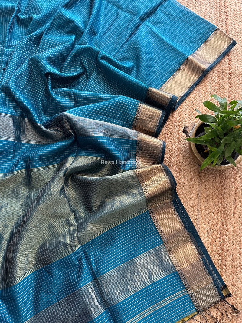 Maheshwari Ink Blue Zari Checks Saree ZCHX342
