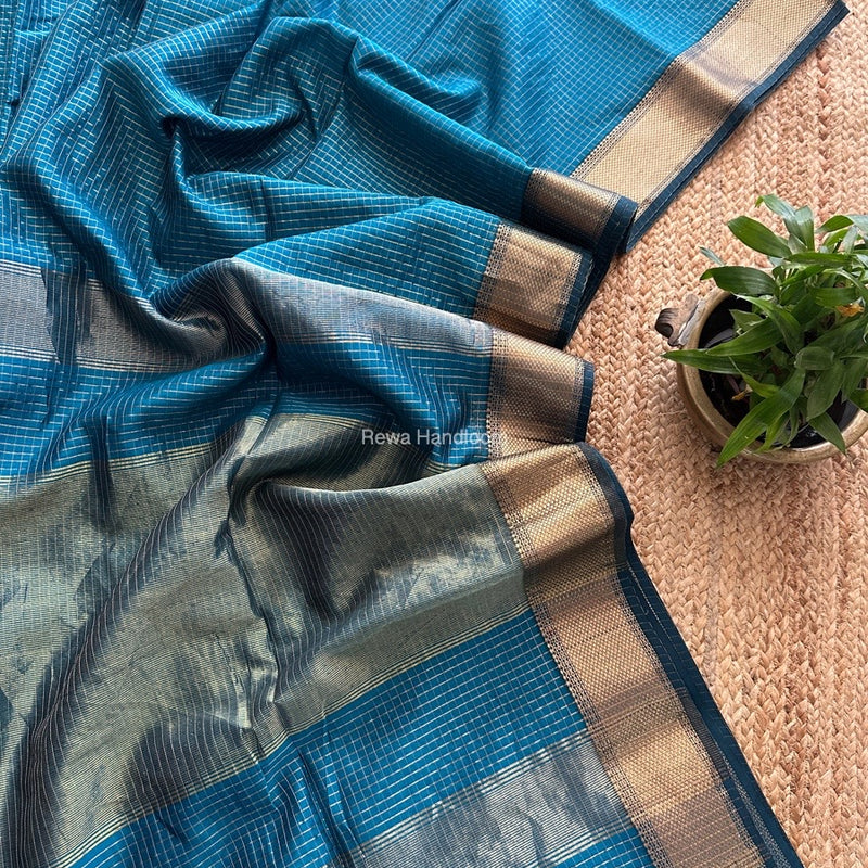 Maheshwari Ink Blue Zari Checks Saree ZCHX342