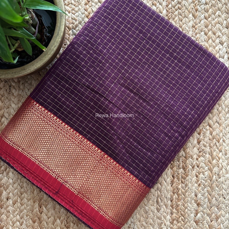 Maheshwari Wine Zari Checks Saree ZCHX343