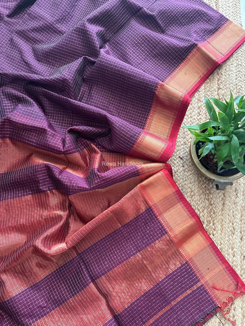 Maheshwari Wine Zari Checks Saree ZCHX343