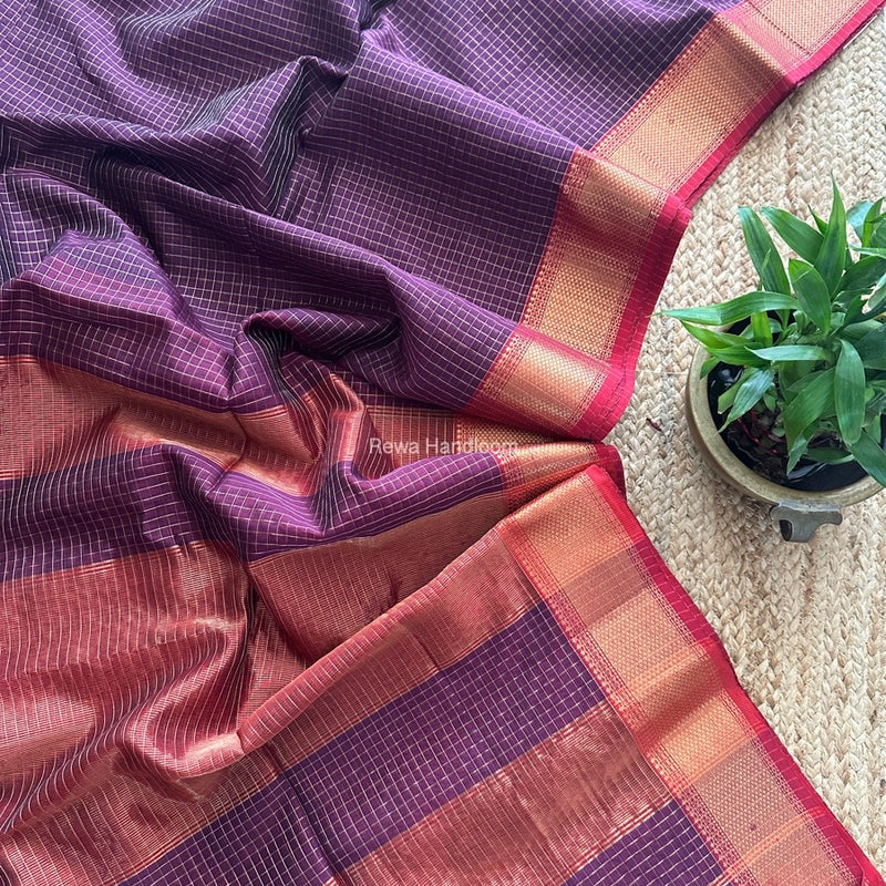 Maheshwari Wine Zari Checks Saree ZCHX343