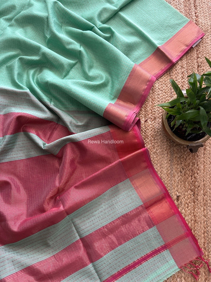 Maheshwari Mint Green Zari Checks Saree ZCHX344