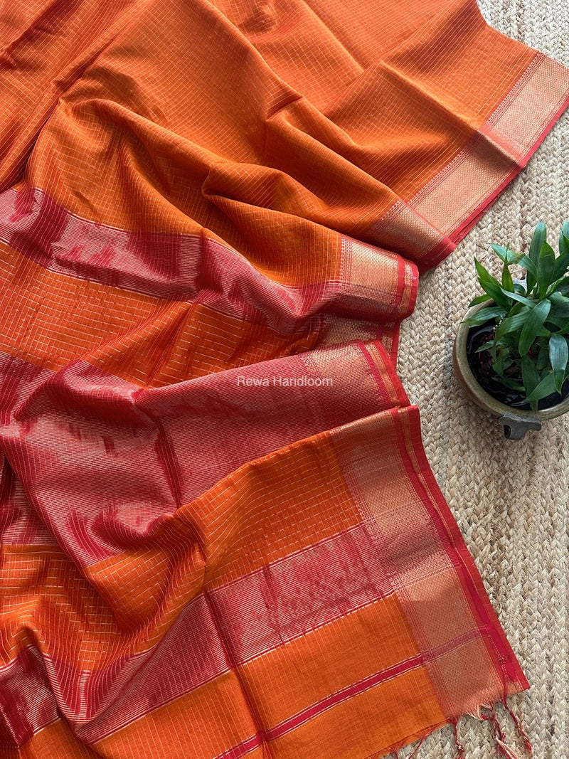 Maheshwari Orange Zari Checks Saree ZCHX345