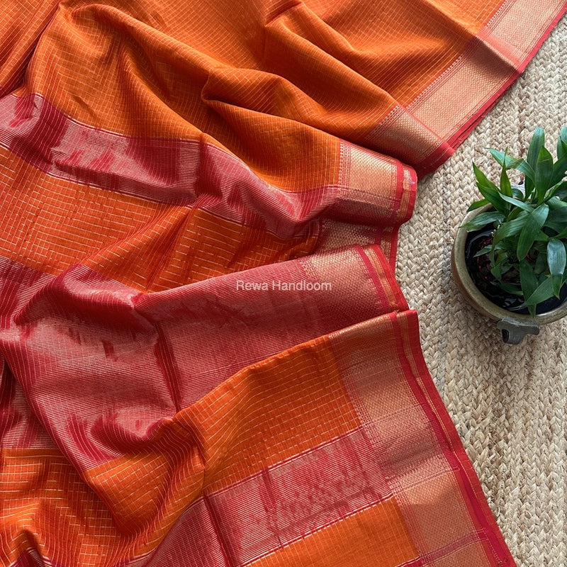 Maheshwari Orange Zari Checks Saree ZCHX345