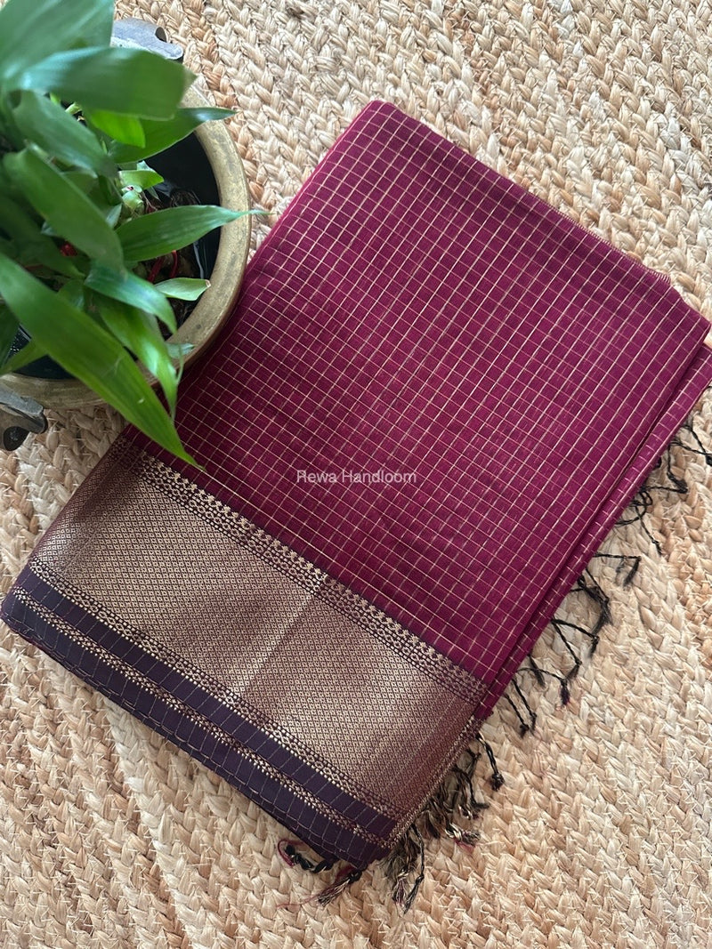 Maheshwari Wine Zari Checks Saree ZCHX349