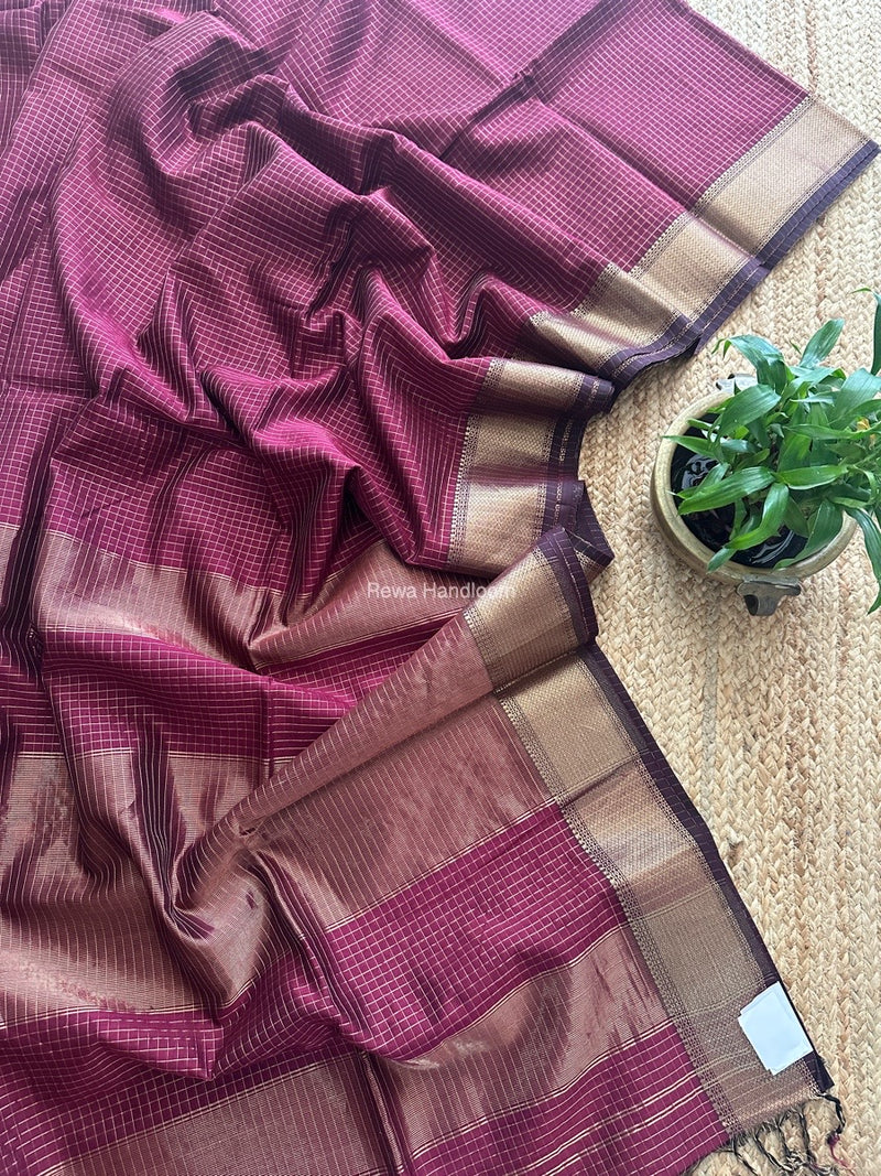 Maheshwari Wine Zari Checks Saree ZCHX349