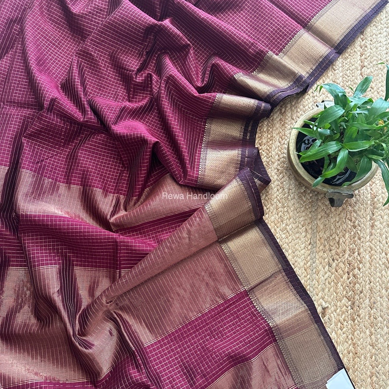 Maheshwari Wine Zari Checks Saree ZCHX349