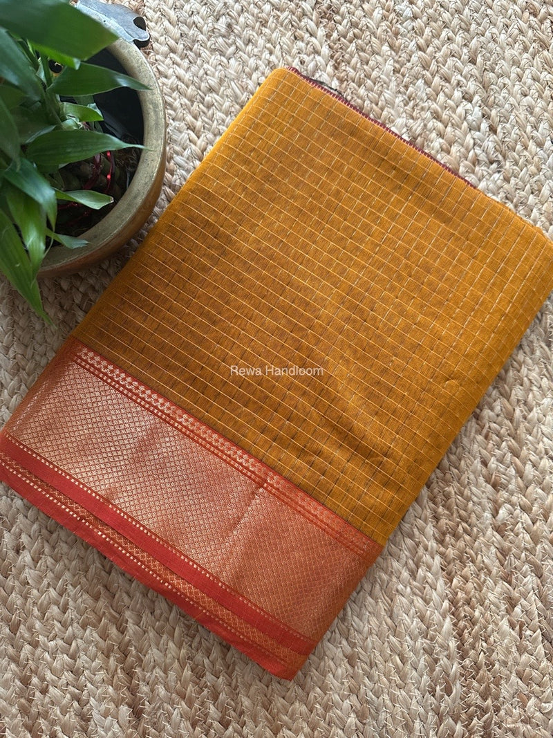 Maheshwari Turmeric Yellow Zari Checks Saree ZCHX350