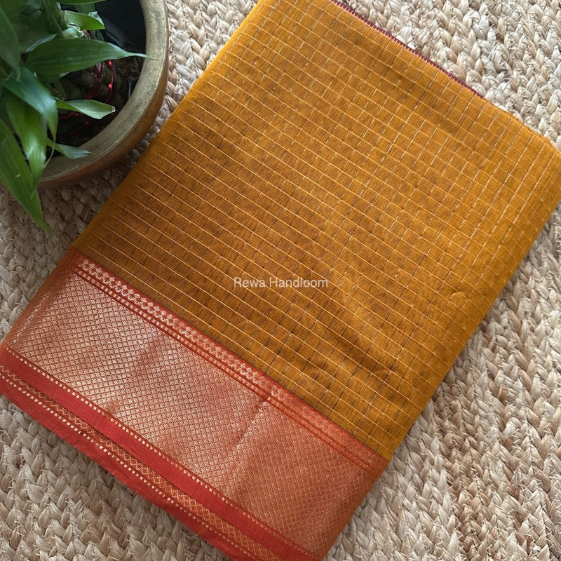 Maheshwari Turmeric Yellow Zari Checks Saree ZCHX350