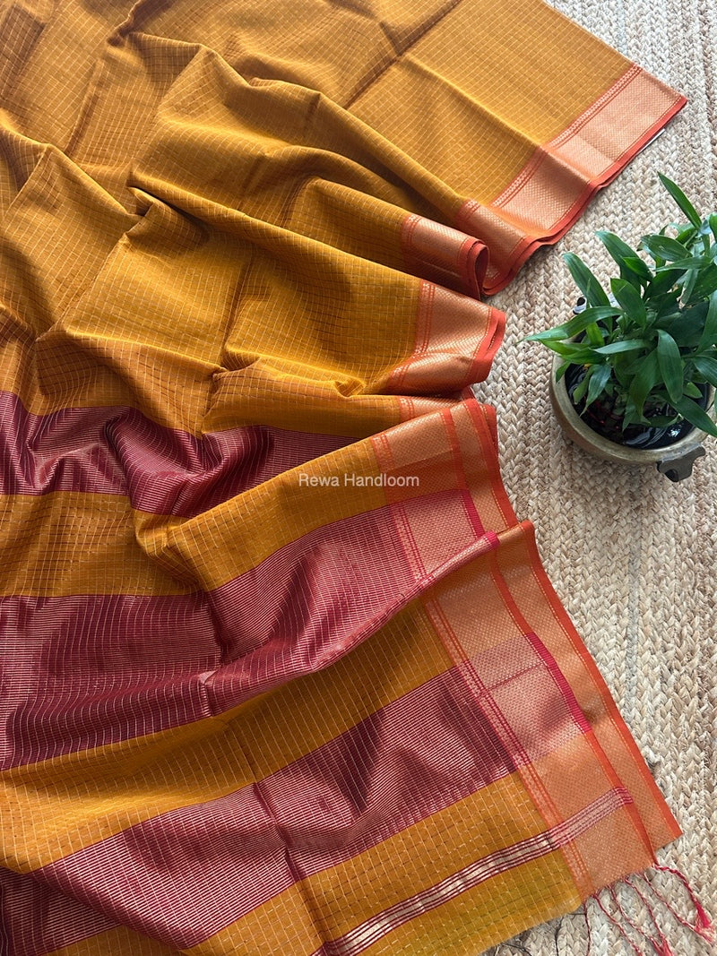 Maheshwari Turmeric Yellow Zari Checks Saree ZCHX350