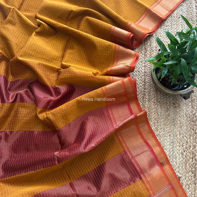 Maheshwari Turmeric Yellow Zari Checks Saree ZCHX350