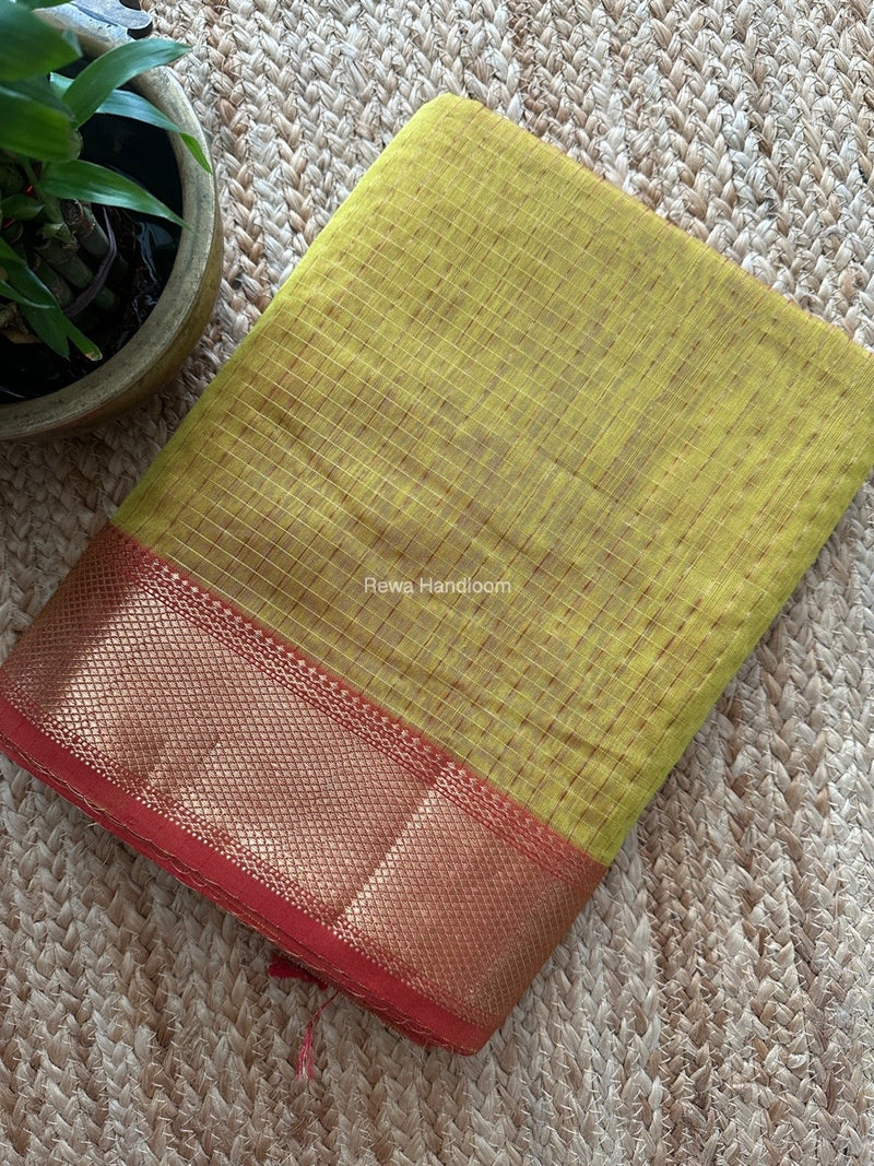 Maheshwari Parrot Green Zari Checks Saree ZCHX351