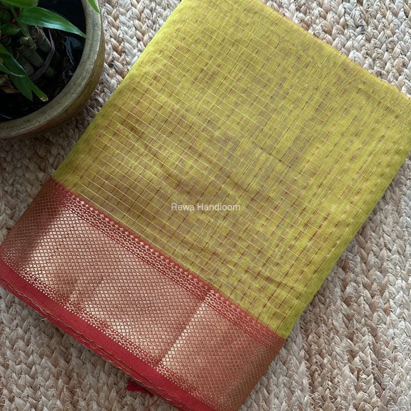 Maheshwari Parrot Green Zari Checks Saree ZCHX351