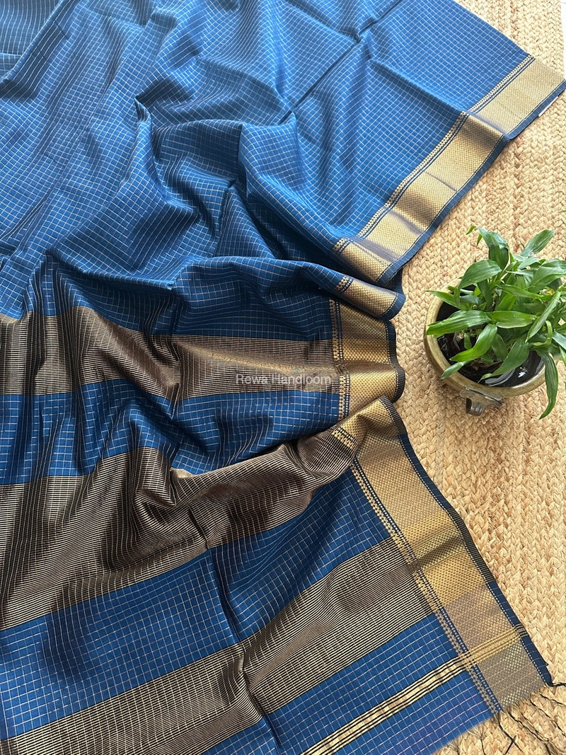 Maheshwari Blue Zari Checks Saree ZCHX352