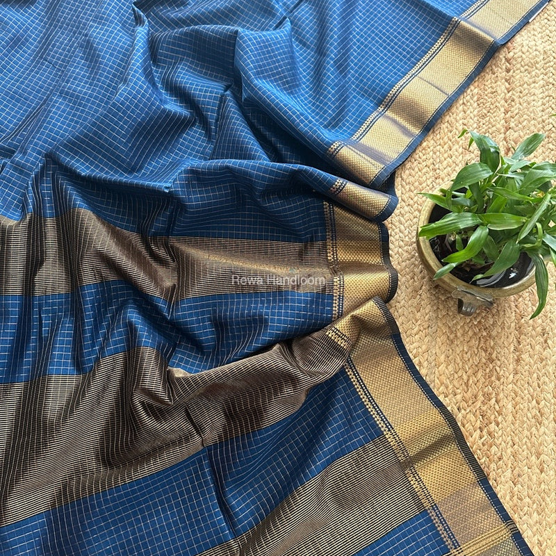 Maheshwari Blue Zari Checks Saree ZCHX352
