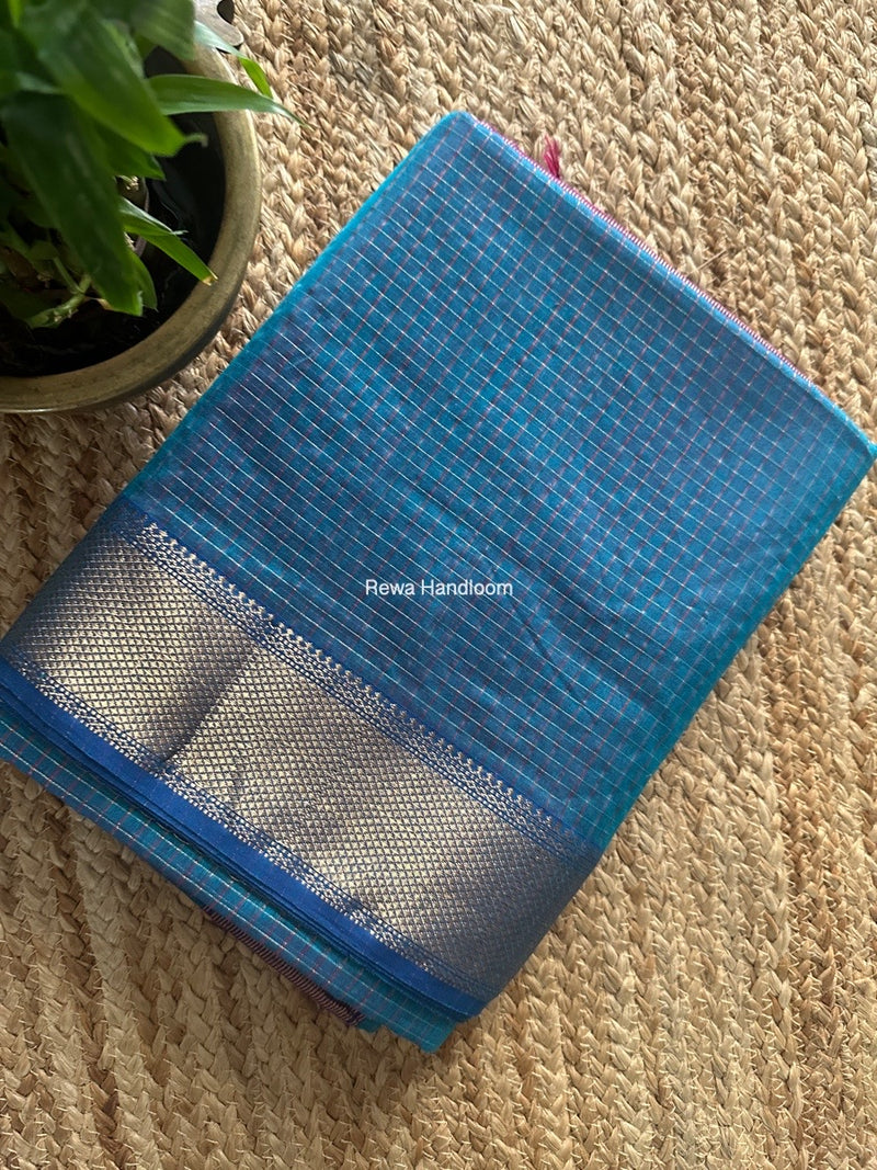 Maheshwari Sky Blue Zari Checks Saree ZCHX379