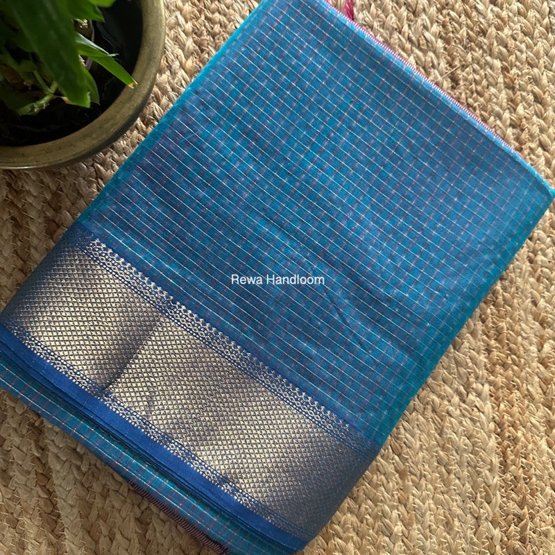 Maheshwari Sky Blue Zari Checks Saree ZCHX379