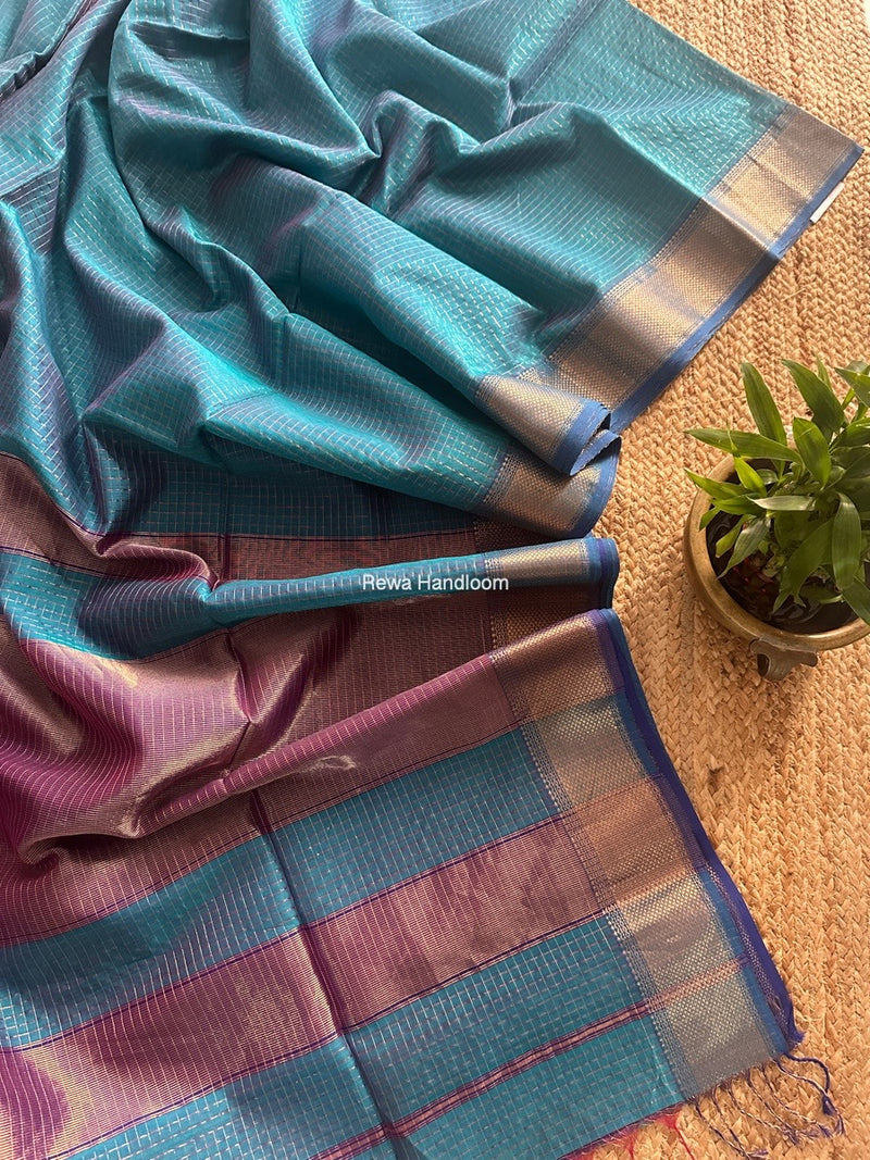 Maheshwari Sky Blue Zari Checks Saree ZCHX379
