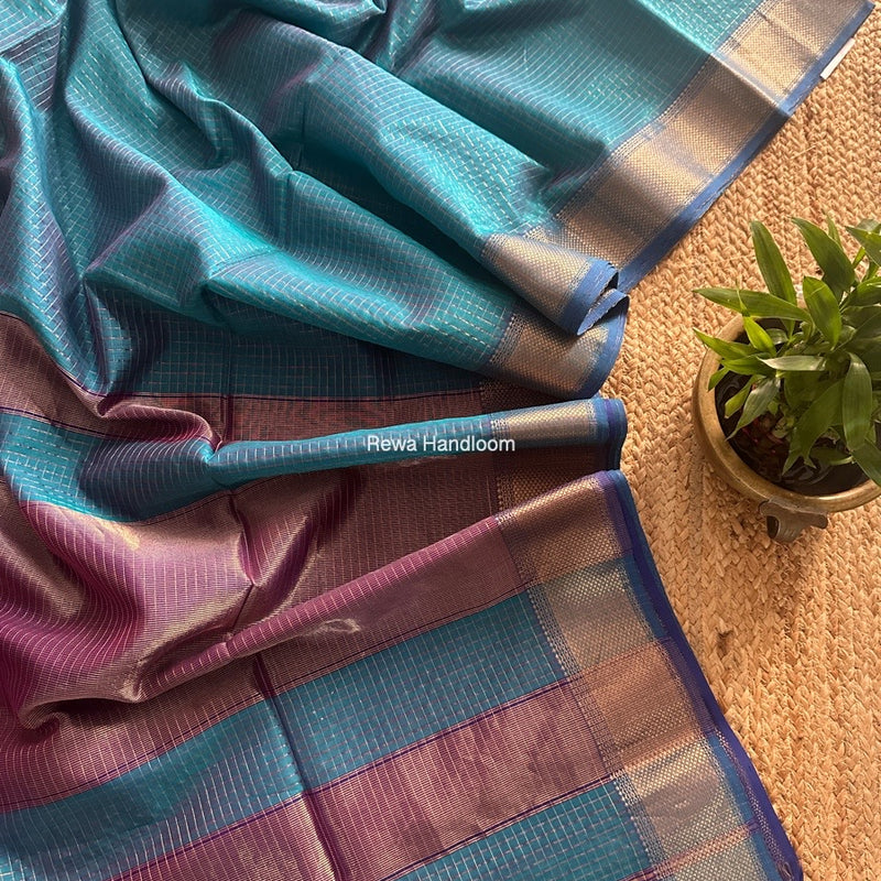 Maheshwari Sky Blue Zari Checks Saree ZCHX379