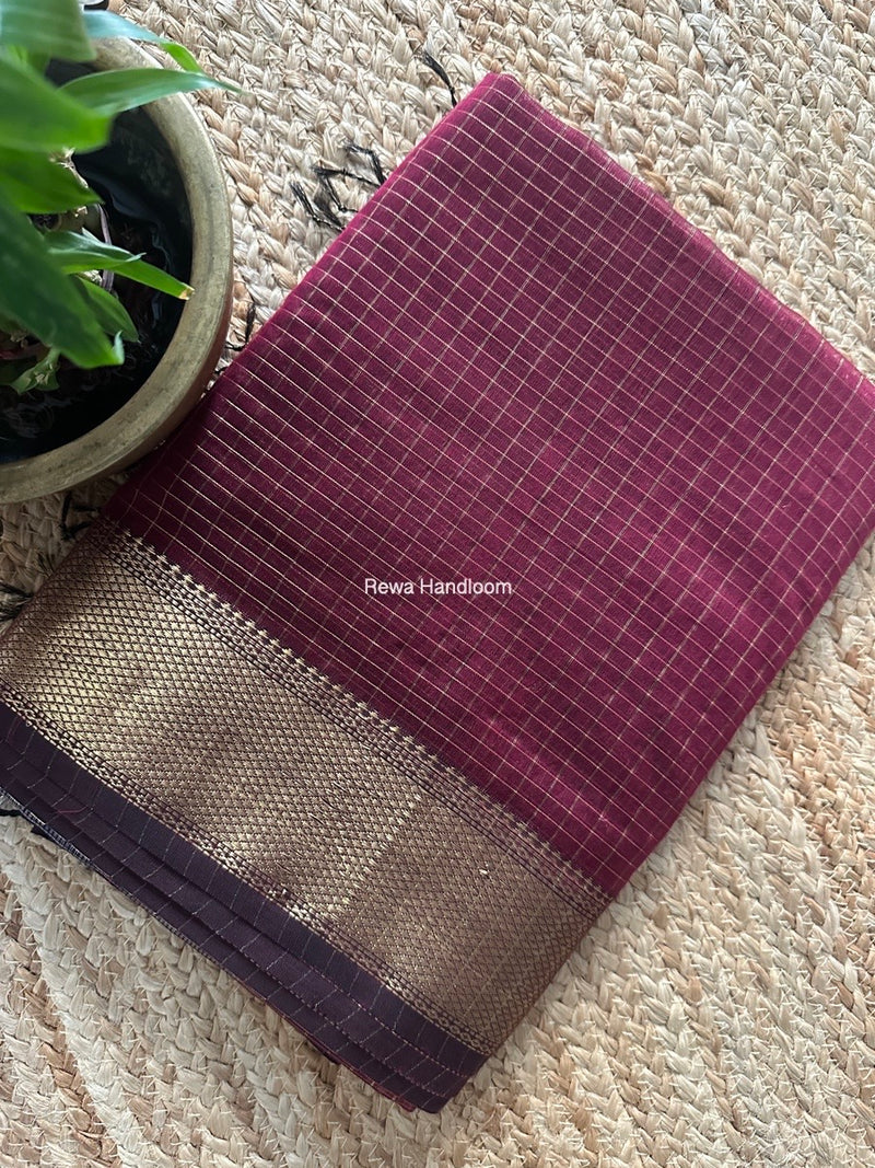 Maheshwari Dark Magenta Zari Checks Saree ZCHX381