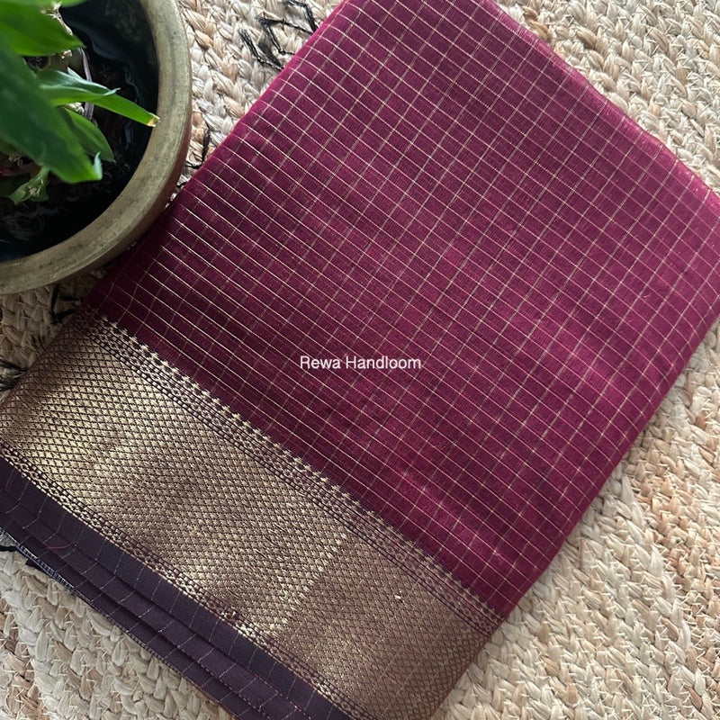 Maheshwari Dark Magenta Zari Checks Saree ZCHX381