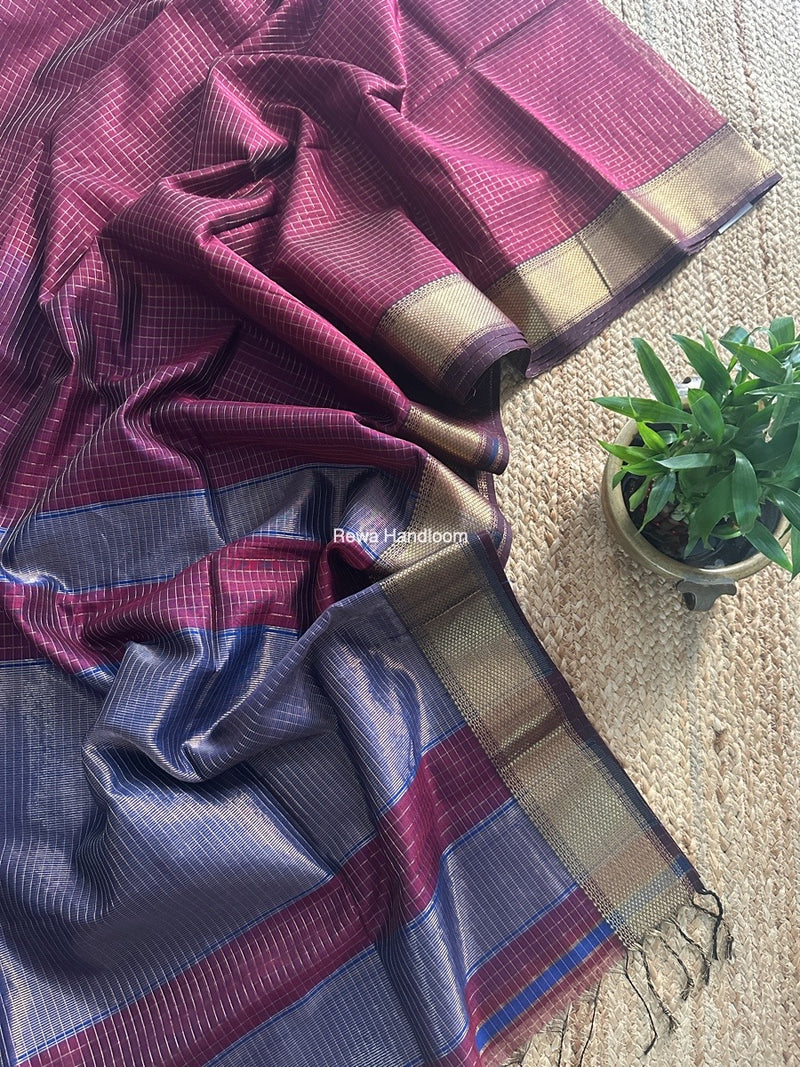 Maheshwari Dark Magenta Zari Checks Saree ZCHX381