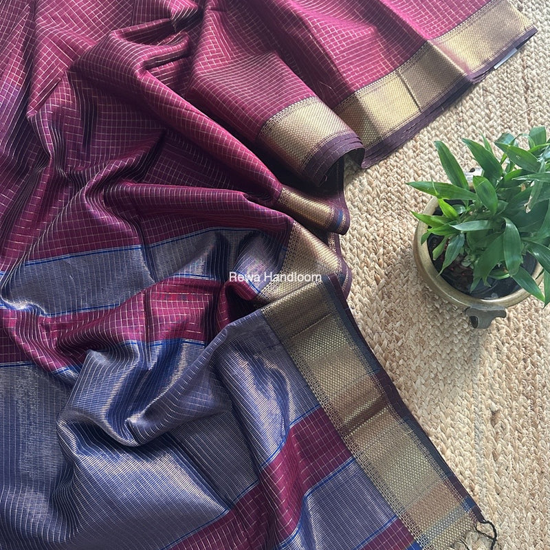 Maheshwari Dark Magenta Zari Checks Saree ZCHX381