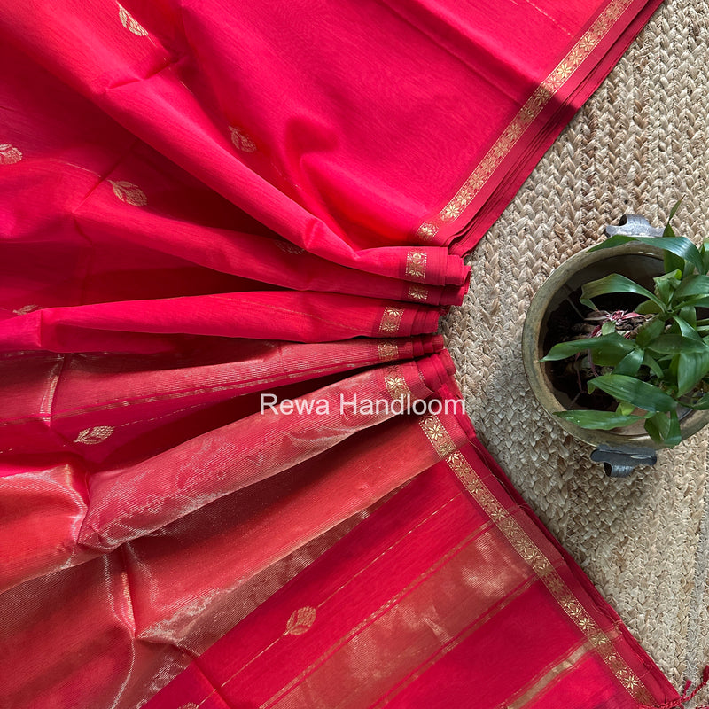 Maheshwari Carrot Red Shaded Gajalakshmi Diya Butta Saree GKDB06