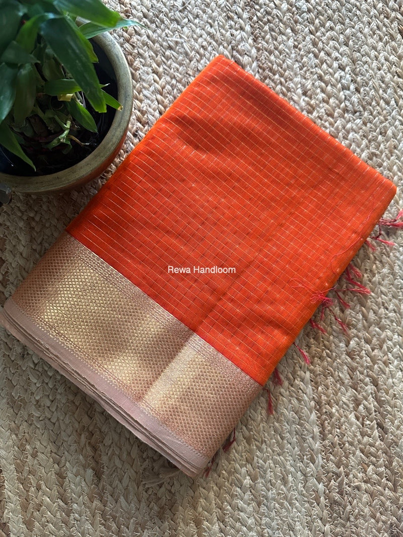 Maheshwari Orange Zari Checks Saree ZCHX386