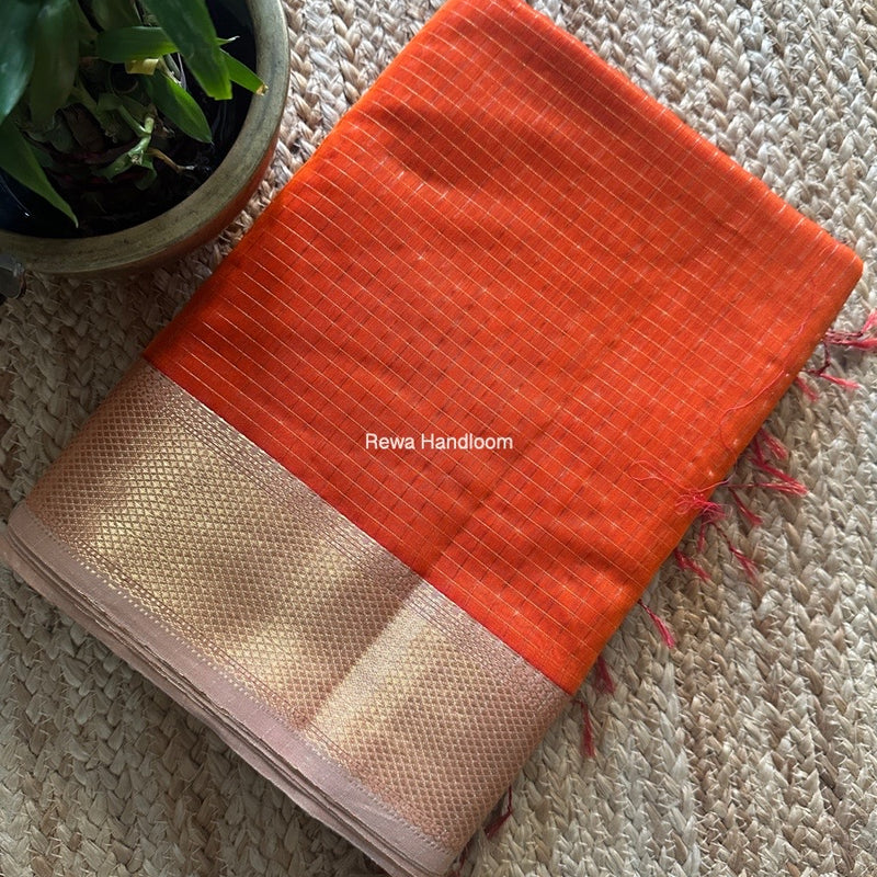 Maheshwari Orange Zari Checks Saree ZCHX386