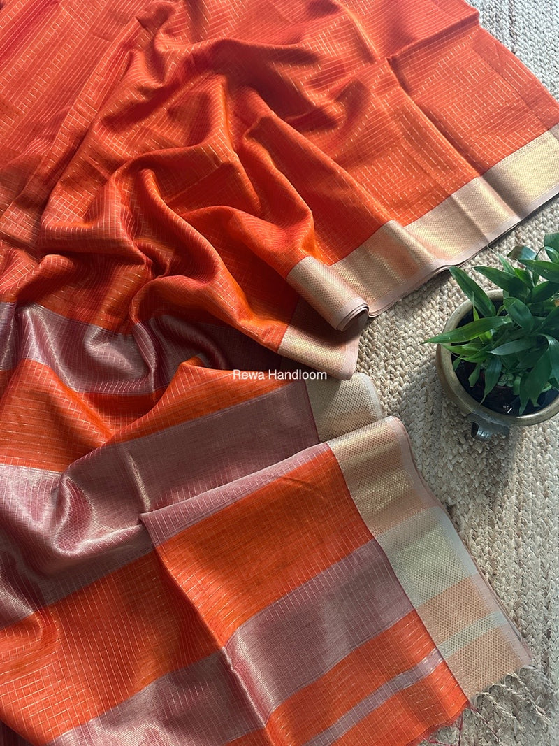 Maheshwari Orange Zari Checks Saree ZCHX386