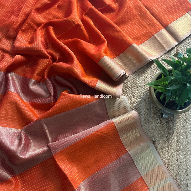 Maheshwari Orange Zari Checks Saree ZCHX386