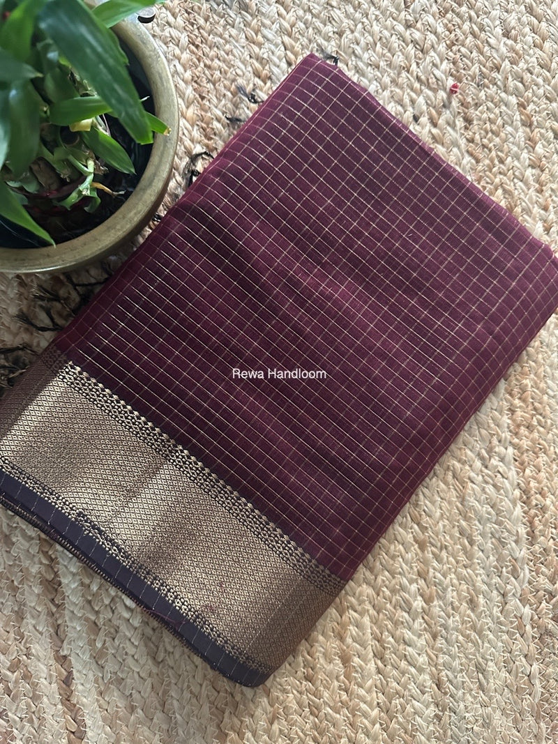 Maheshwari Wine Zari Checks Saree ZCHX387