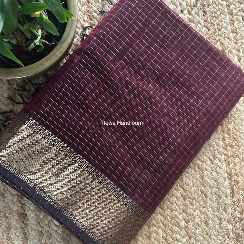 Maheshwari Wine Zari Checks Saree ZCHX387