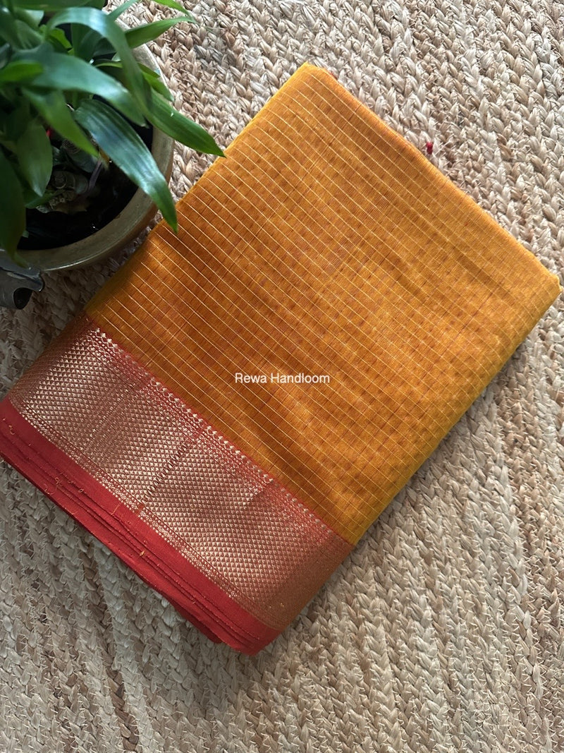 Maheshwari Turmeric Yellow Zari Checks Saree ZCHX388
